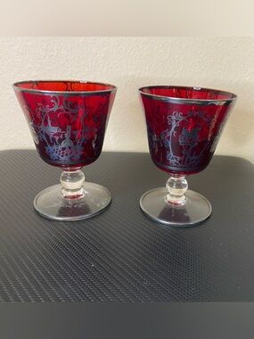 Red Etched Glass Goblets - Set of 2